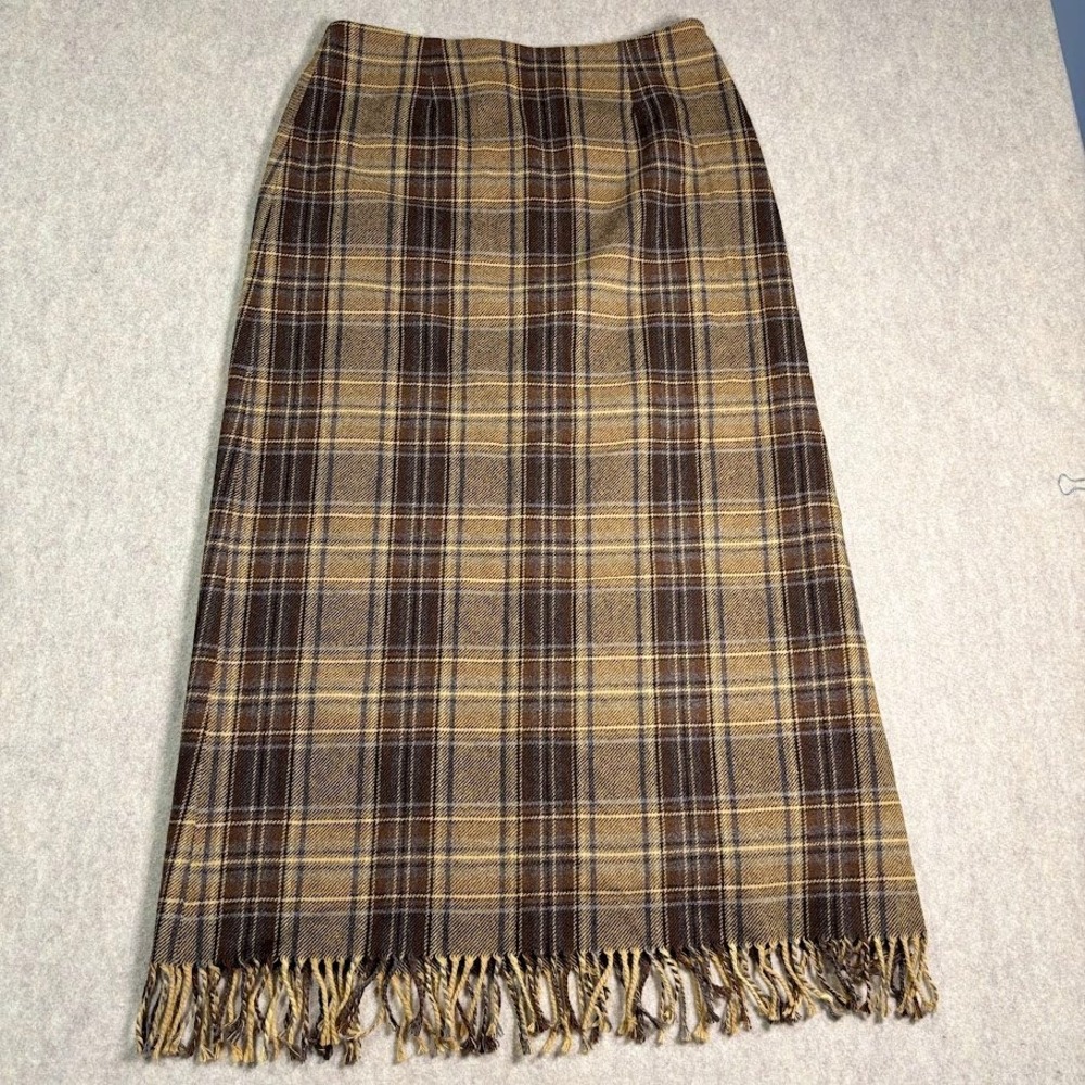 Marconi Maxi Skirt Womens 10 Brown Wool Blend Plaid Fringe Vintage Boho Western